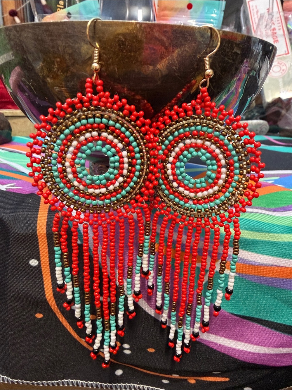 Hand Crafted Red, Turquoise & White Beaded Fringe Earrings